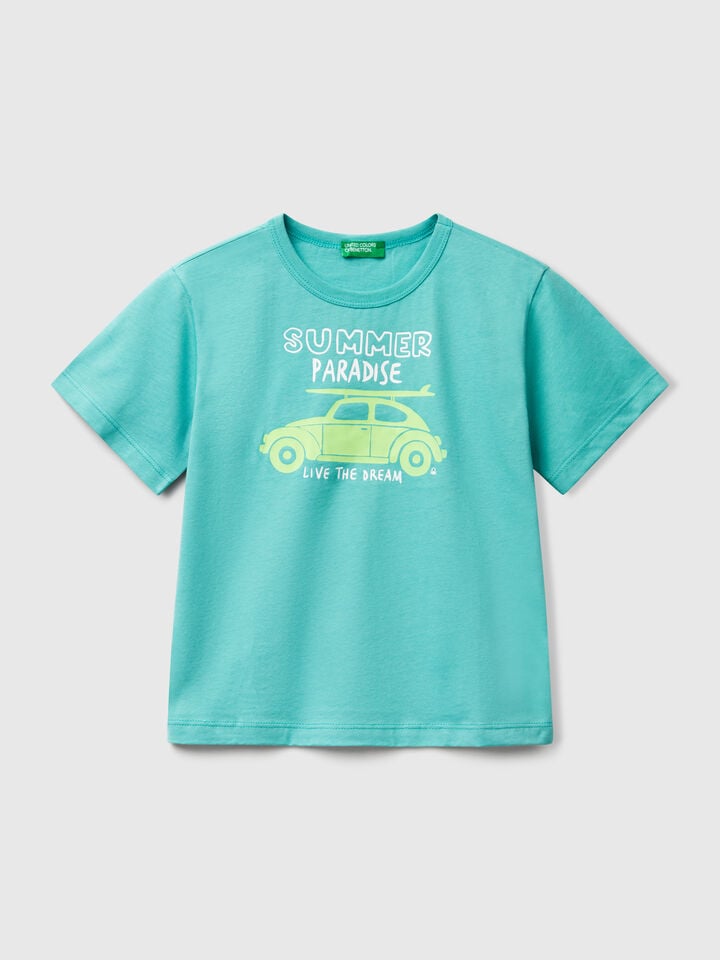 Benetton T-shirt With Neon Print Aqua