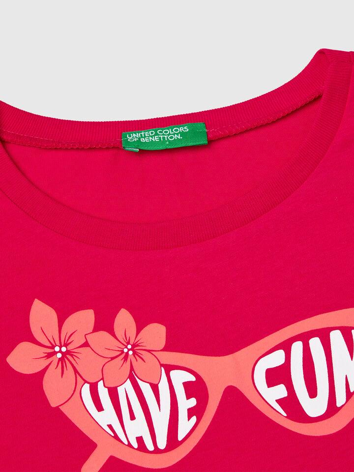 Benetton T-shirt With Neon Print Fuchsia