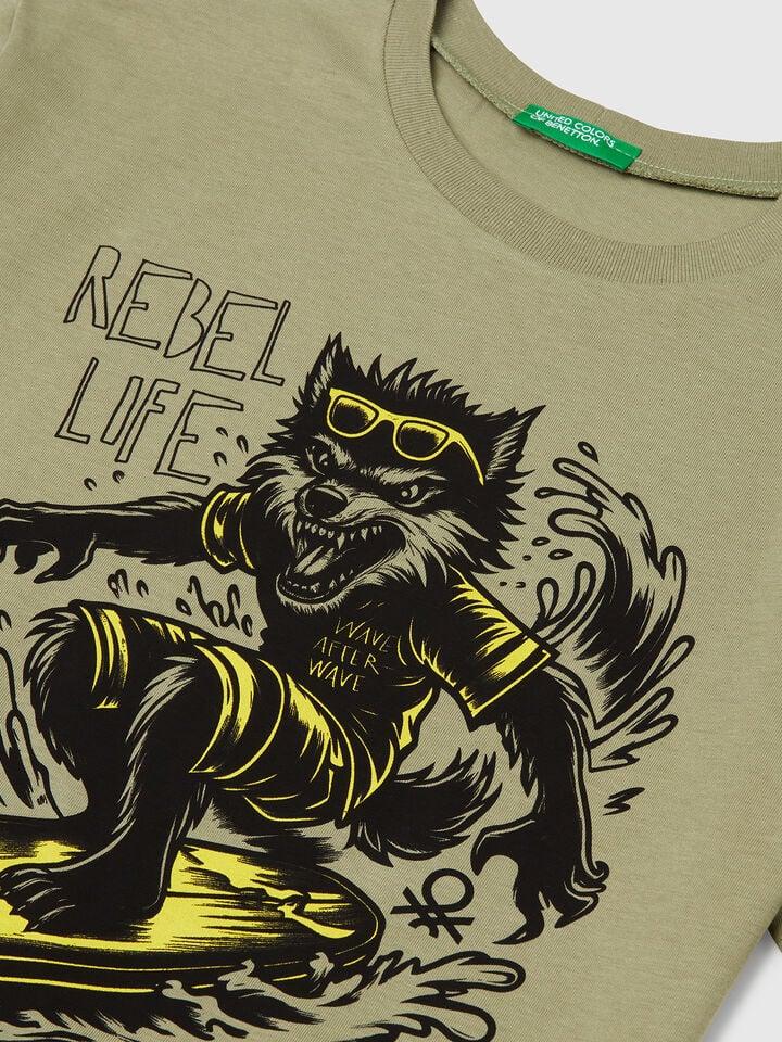 Benetton T-shirt With Neon Print Olive Green