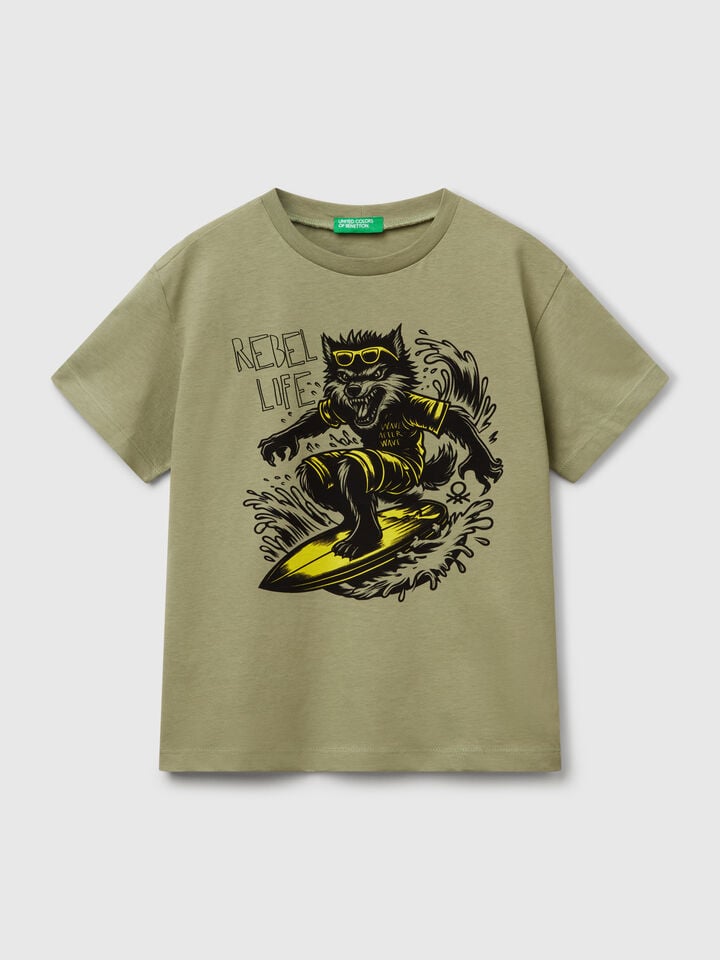 benetton T-shirt with neon print Olive Green