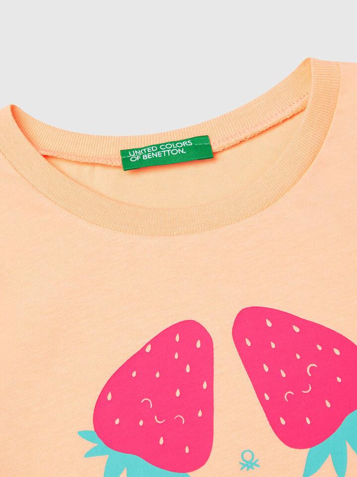 Benetton T-shirt With Neon Print Peach
