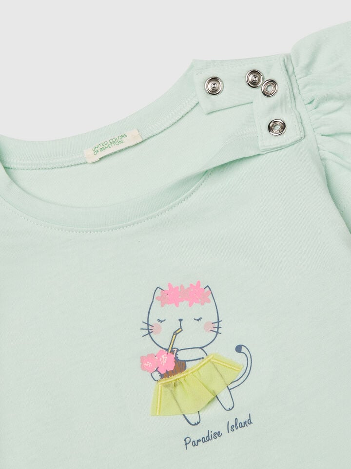 Benetton T-shirt With Print And Applique Aqua