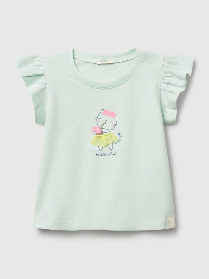 benetton T-shirt with print and applique Aqua