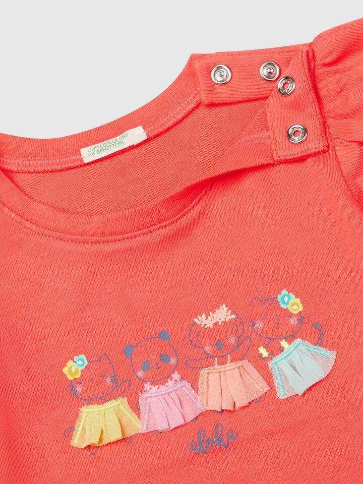 Benetton T-shirt With Print And Applique Salmon