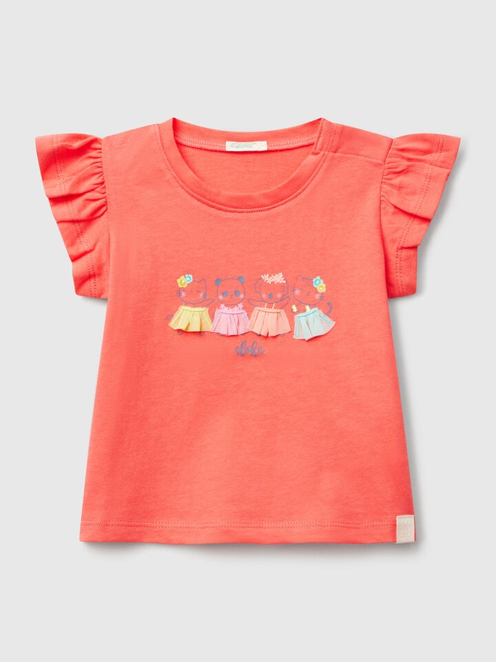 benetton T-shirt with print and applique Salmon