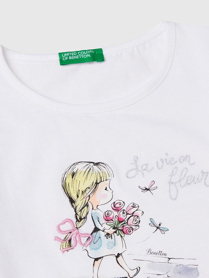 Benetton T-shirt With Print And Embroidery White