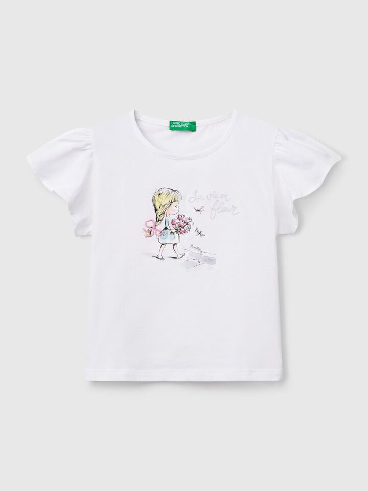 benetton T-shirt with print and embroidery White