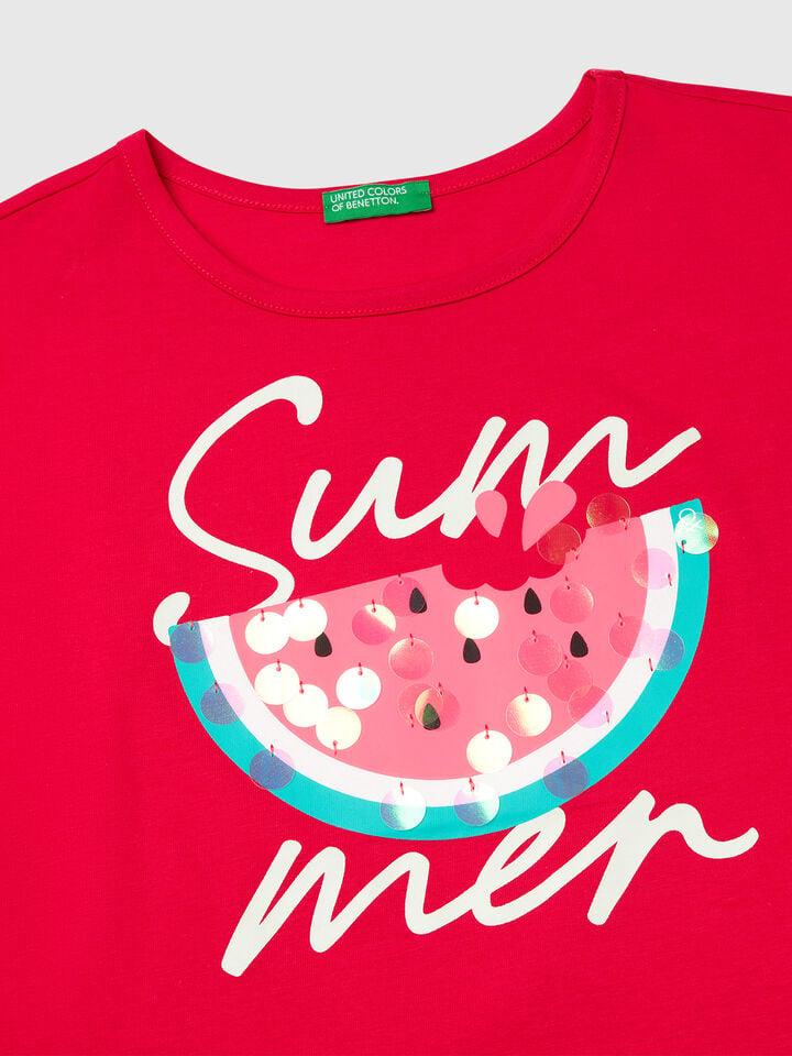 Benetton T-shirt With Print And Sequins Fuchsia