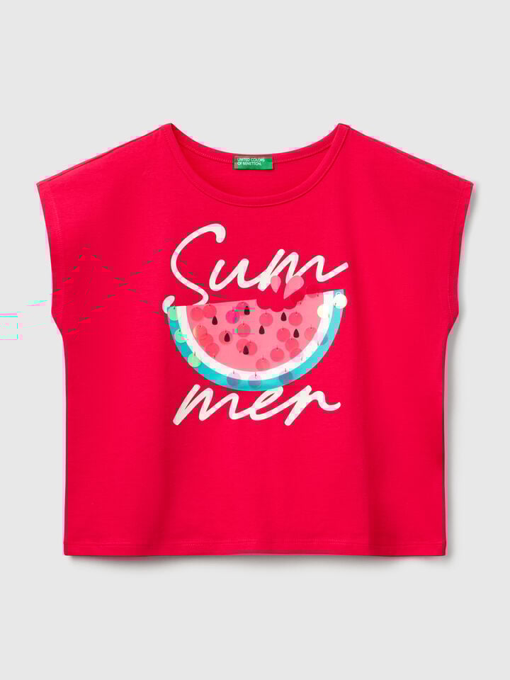 benetton T-shirt with print and sequins Fuchsia