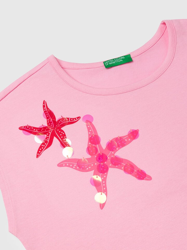 Benetton T-shirt With Print And Sequins Pink