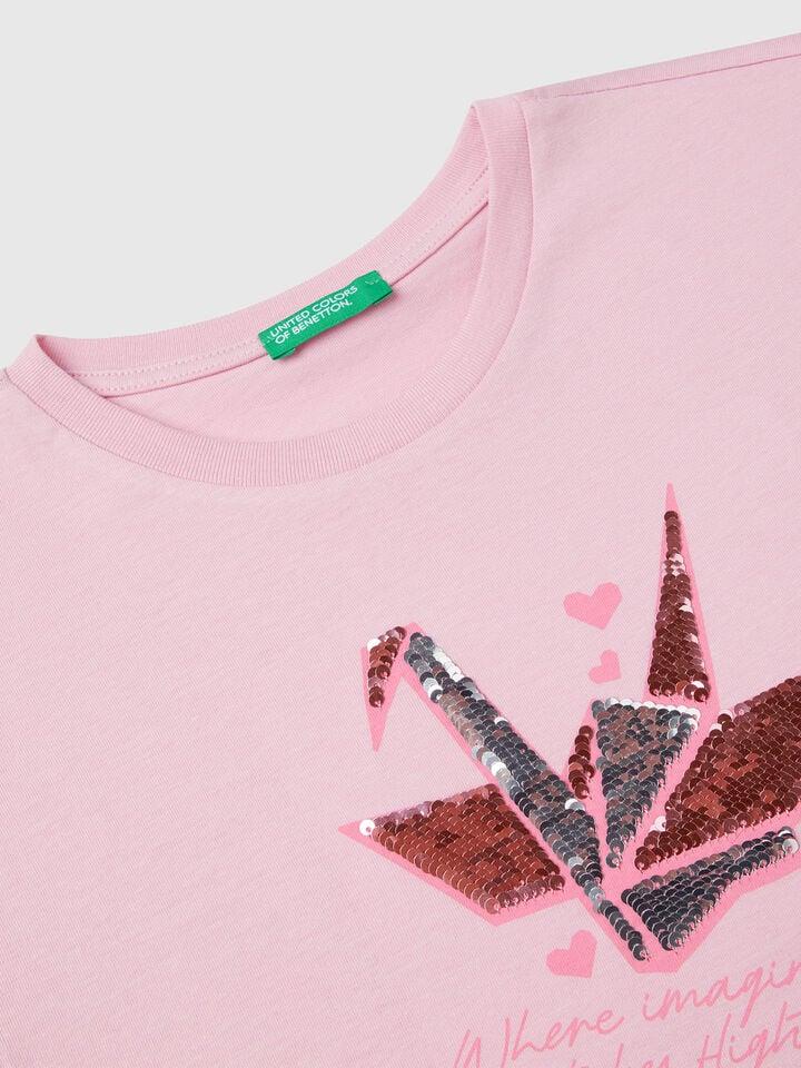 Benetton T-shirt With Print And Sequins Pink