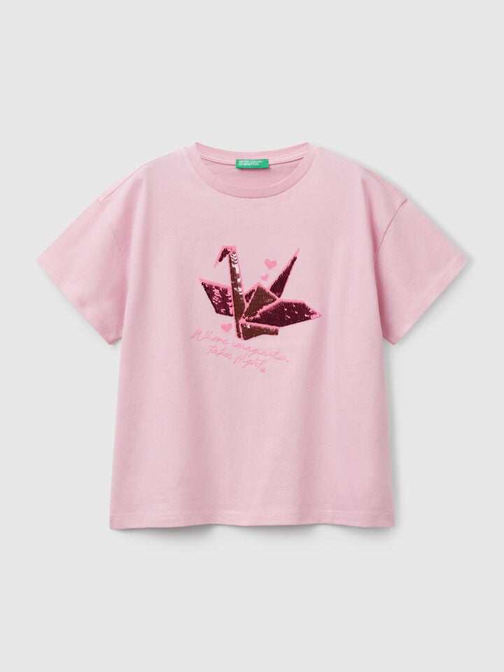Benetton T-shirt With Print And Sequins Pink