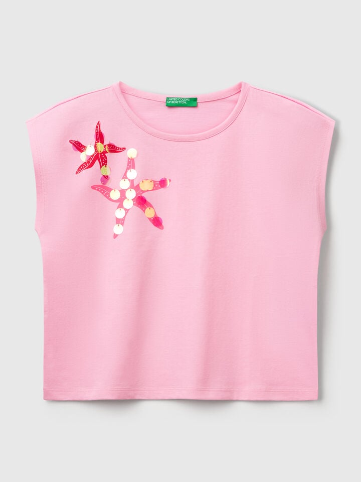 Benetton T-shirt With Print And Sequins Pink