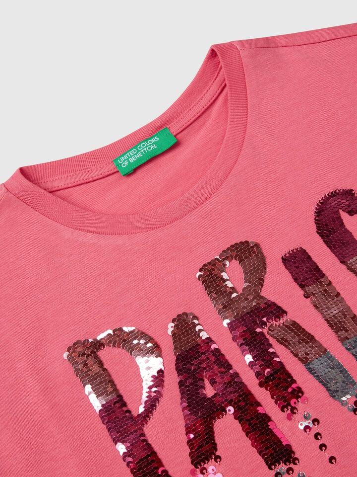 Benetton T-shirt With Print And Sequins Salmon