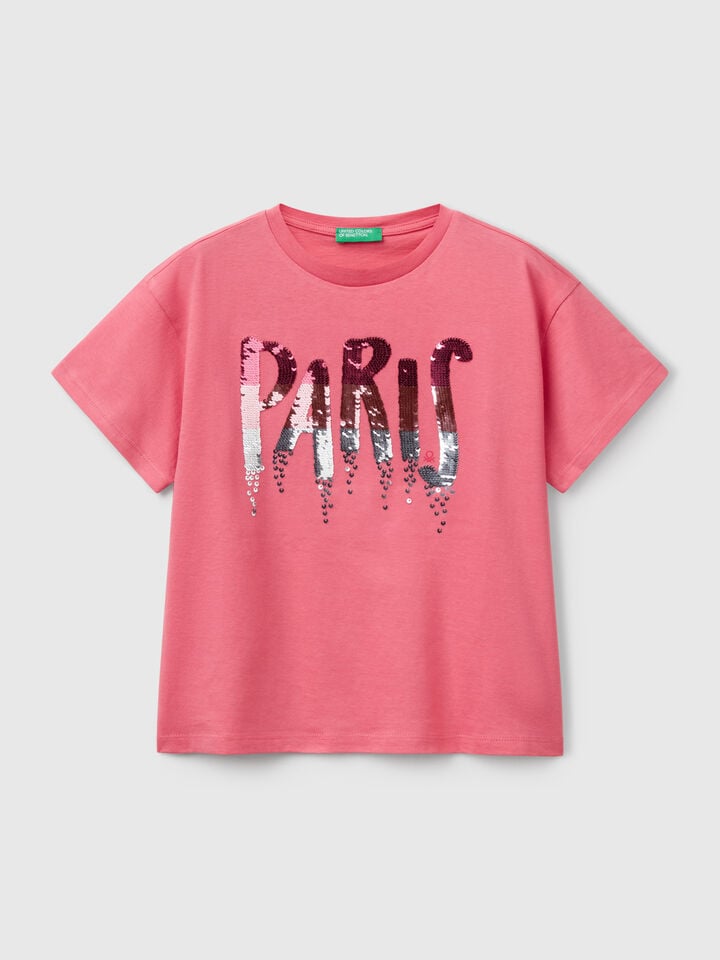 benetton T-shirt with print and sequins Salmon