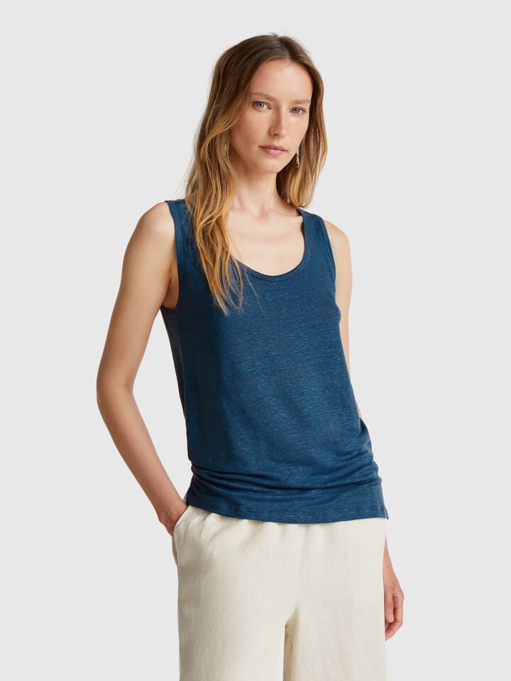 benetton Tank top in pure linen Air Force Blue