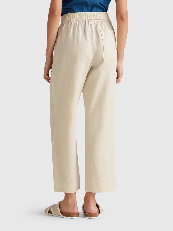 Benetton Trousers In Pure Linen With Elastic Beige