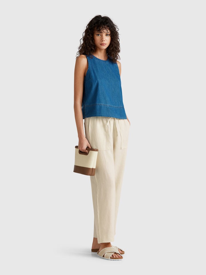 Benetton Trousers In Pure Linen With Elastic Beige