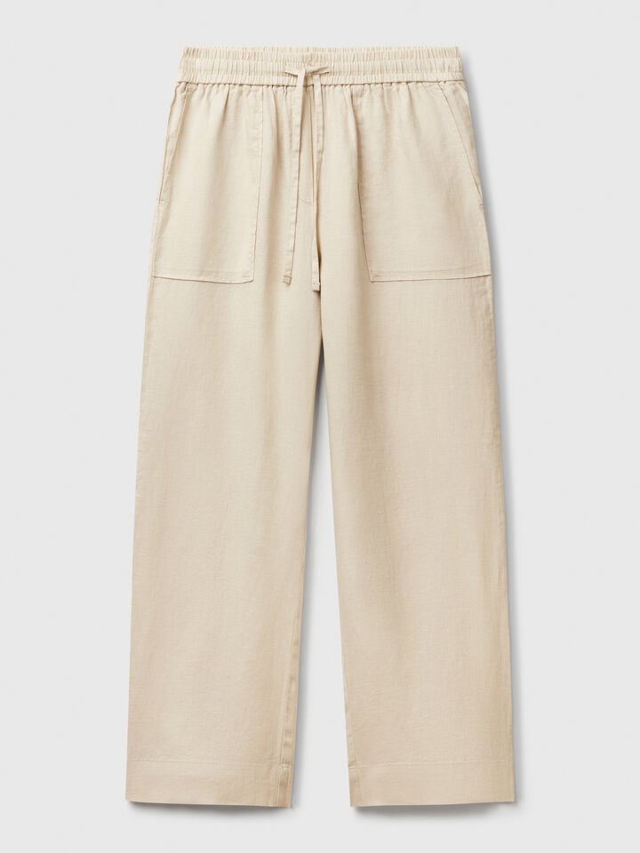 Benetton Trousers In Pure Linen With Elastic Beige