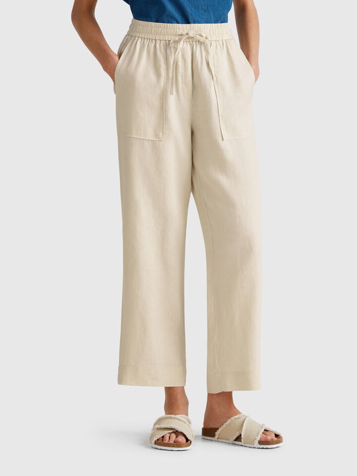 benetton Trousers in pure linen with elastic Beige
