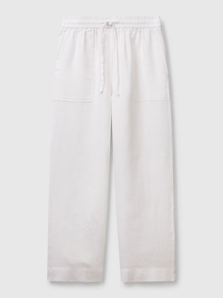 Benetton Trousers In Pure Linen With Elastic White