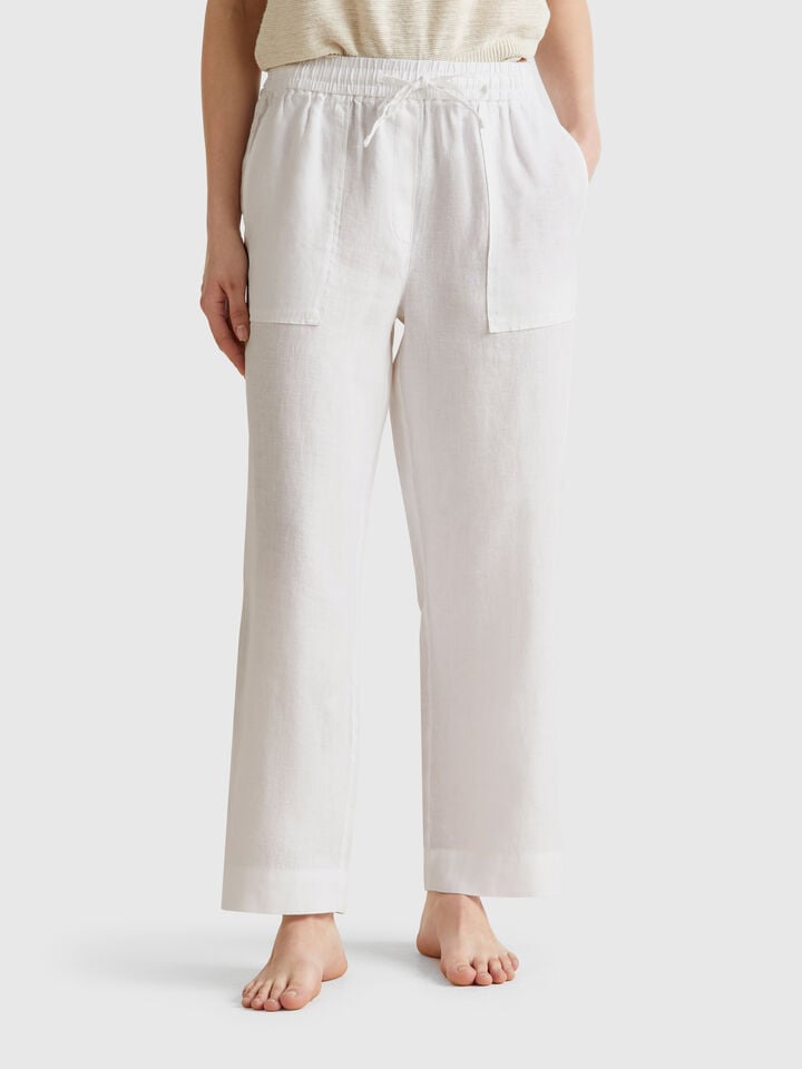 benetton Trousers in pure linen with elastic White