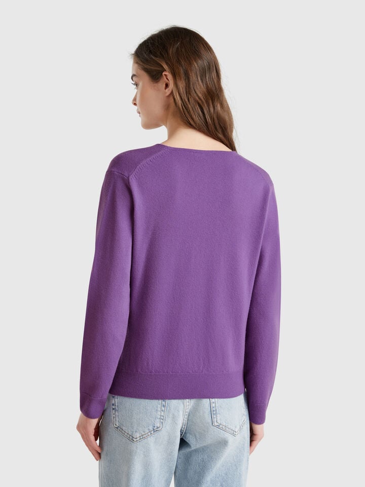 Benetton V-neck Sweater In Pure Merino Wool Violet