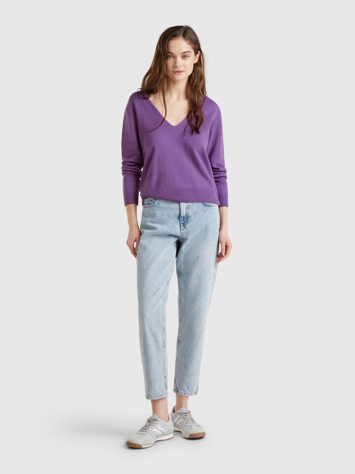 Benetton V-neck Sweater In Pure Merino Wool Violet