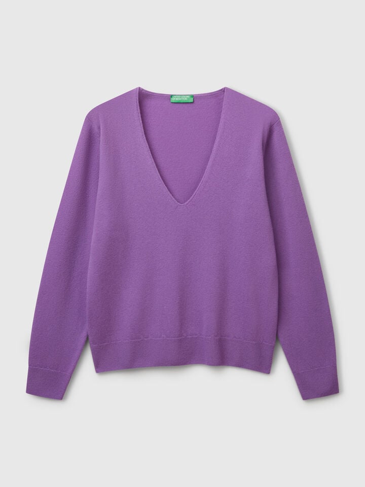 Benetton V-neck Sweater In Pure Merino Wool Violet