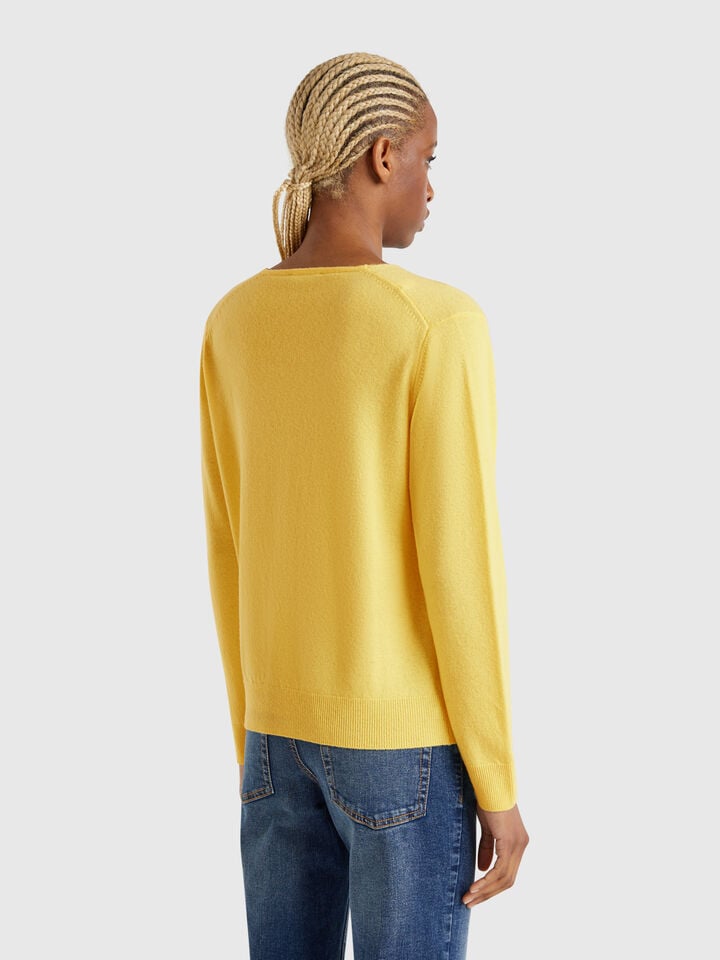 Benetton V-neck Sweater In Pure Merino Wool Yellow