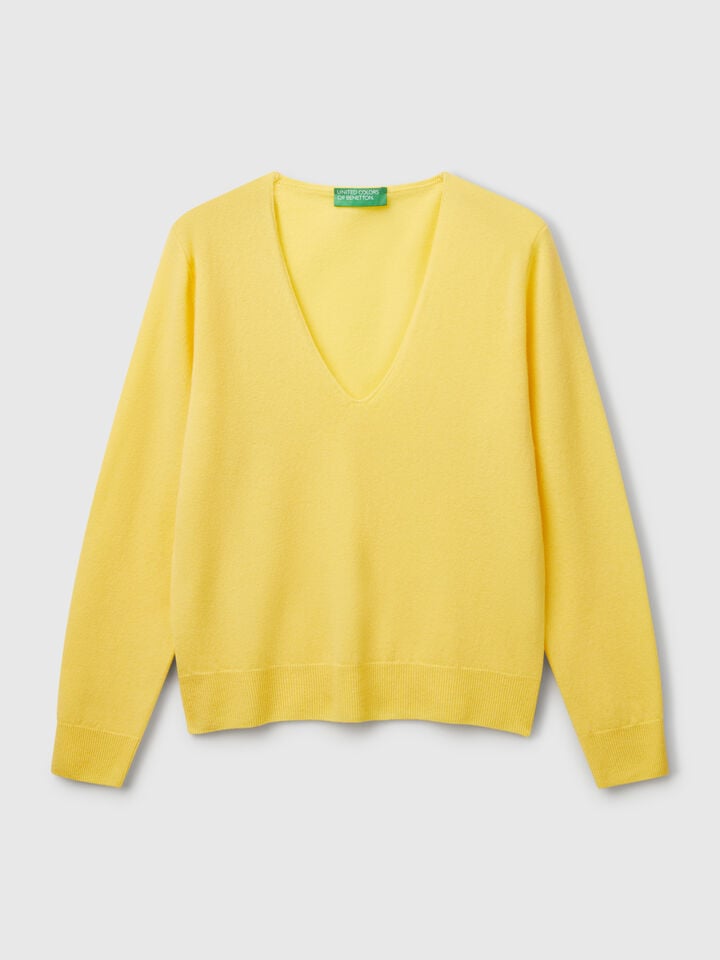 Benetton V-neck Sweater In Pure Merino Wool Yellow