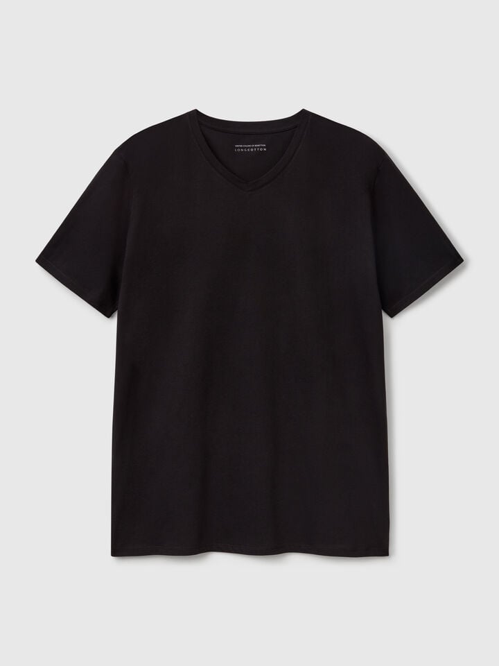 Benetton V-neck T-shirt In Long Fiber Cotton Black