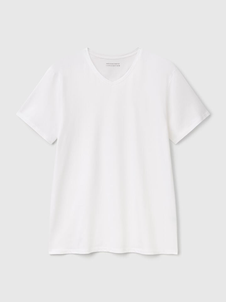 Benetton V-neck T-shirt In Long Fiber Cotton White