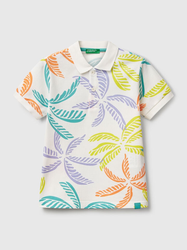 Benetton White Polo With Tropical Print White