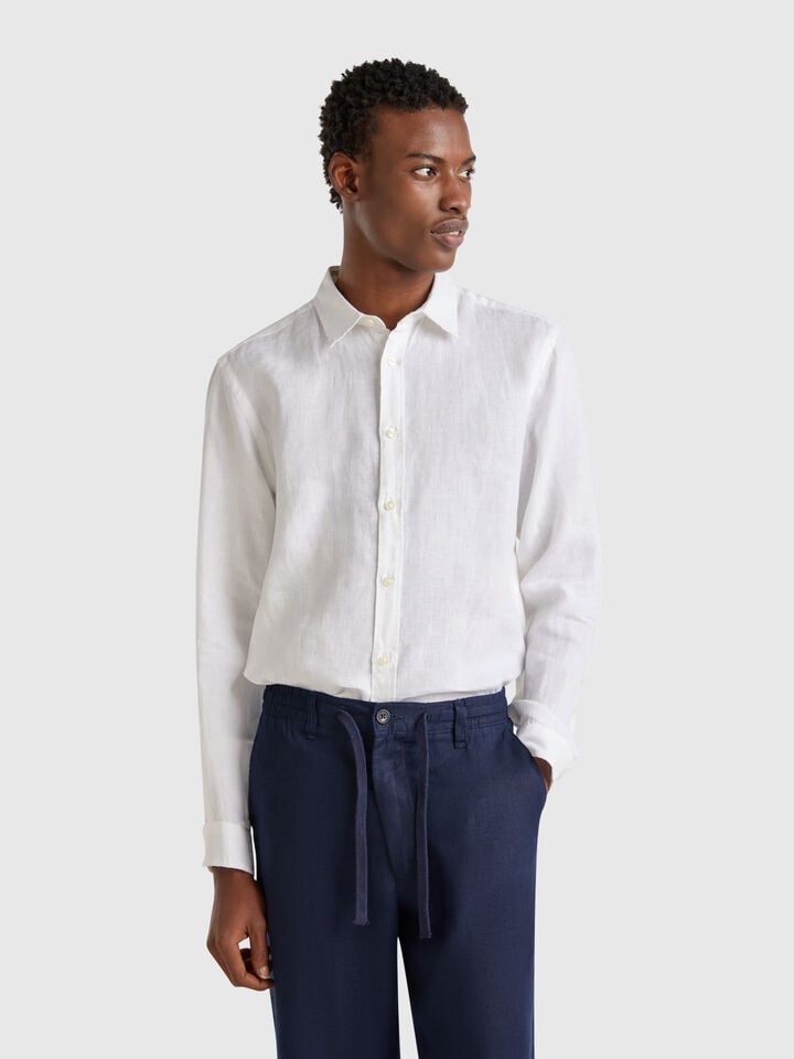 Benetton White Shirt In Pure Linen White