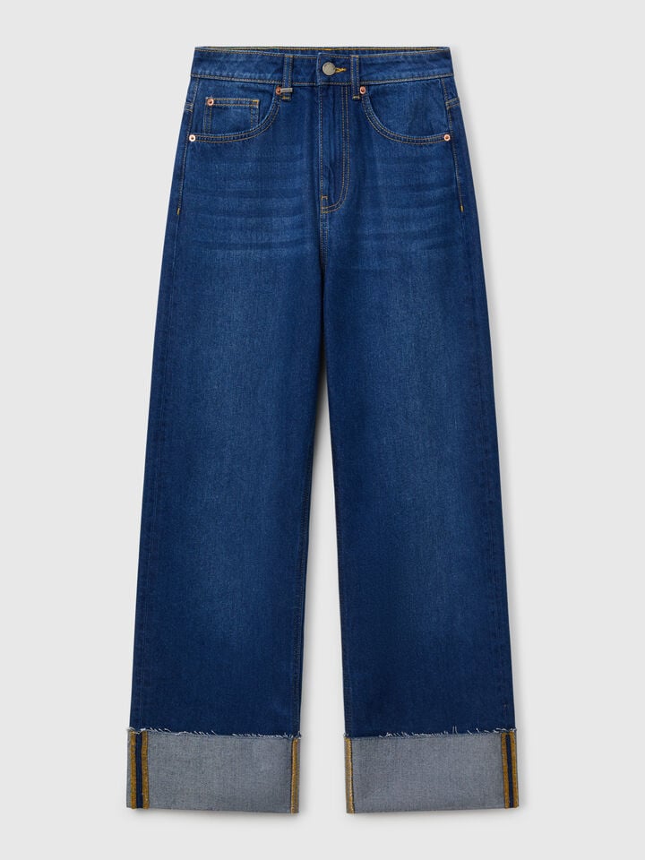 Benetton Wide Fit Jeans With Cuff Dark Blue