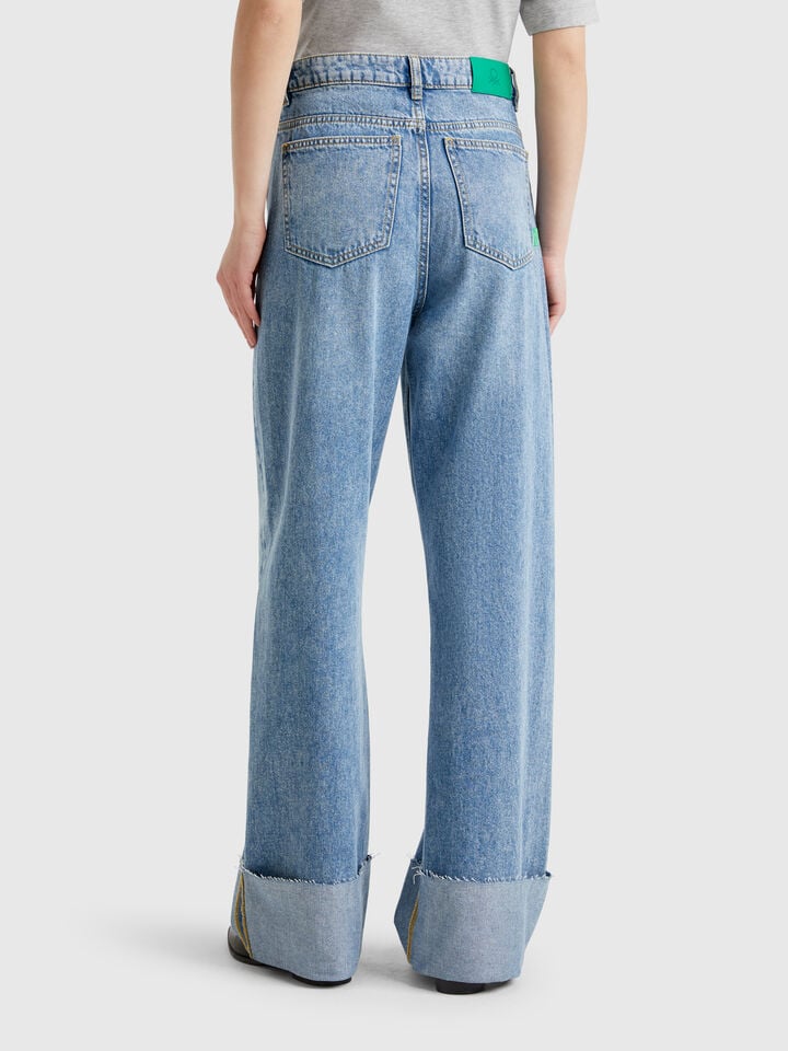 Benetton Wide Fit Jeans With Cuff Light Blue