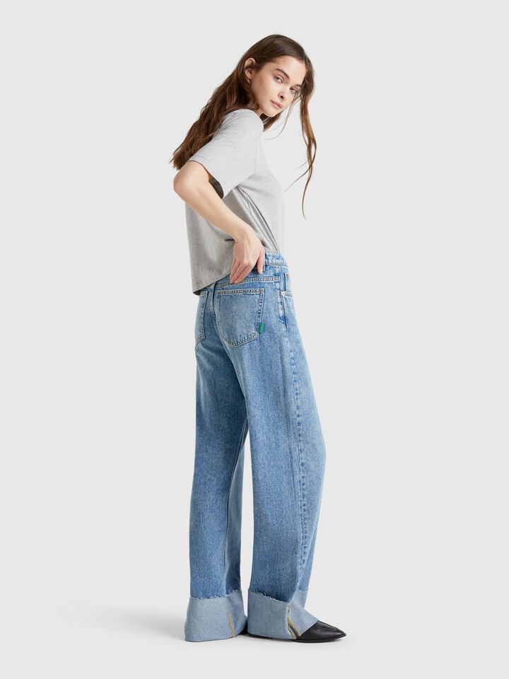 Benetton Wide Fit Jeans With Cuff Light Blue
