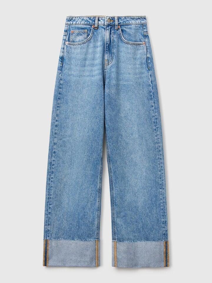 Benetton Wide Fit Jeans With Cuff Light Blue