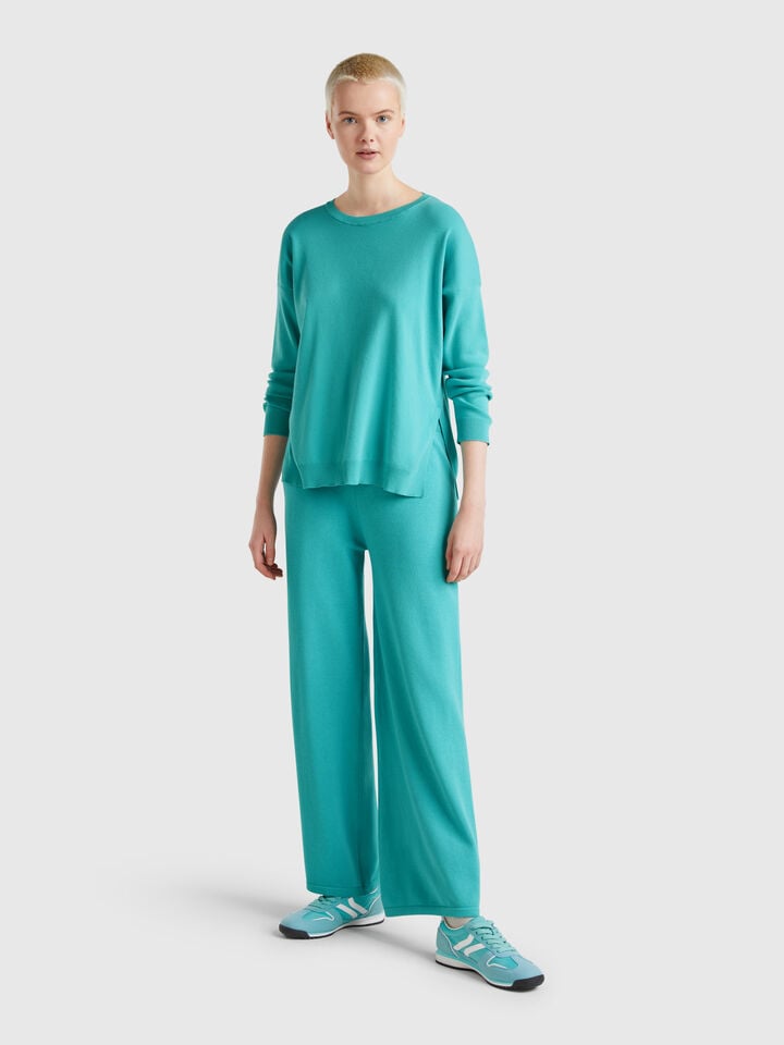 Benetton Wide Knit Trousers Aqua