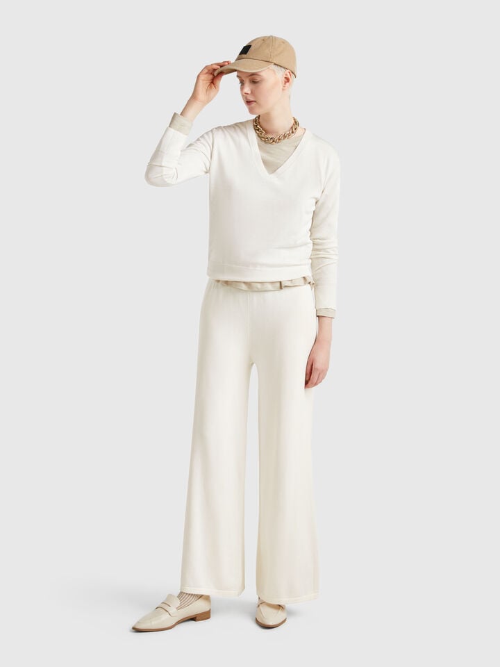 Benetton Wide Knit Trousers Creamy White