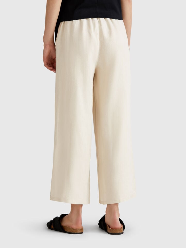 Benetton Wide Leg Trousers In Pure Linen Beige