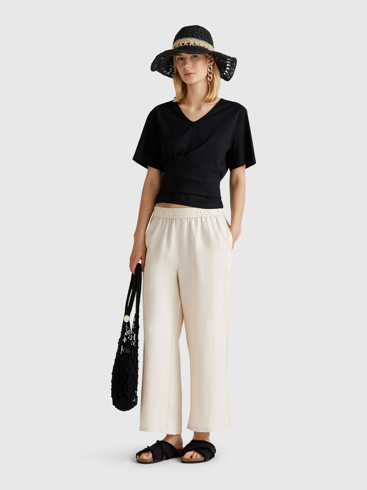 Benetton Wide Leg Trousers In Pure Linen Beige