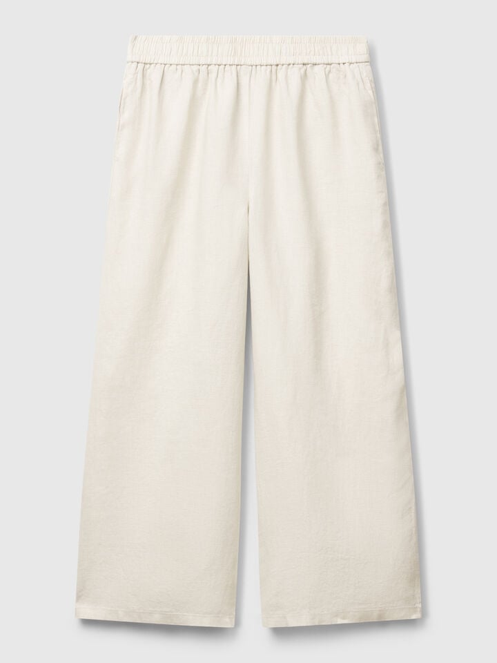 Benetton Wide Leg Trousers In Pure Linen Beige