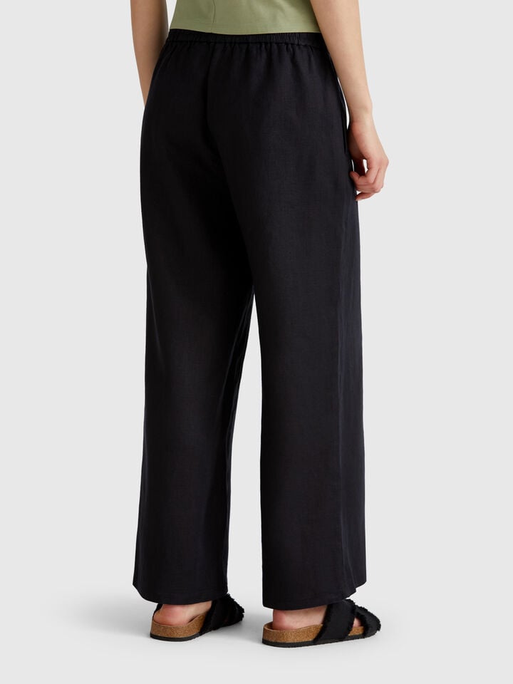Benetton Wide Leg Trousers In Pure Linen Black