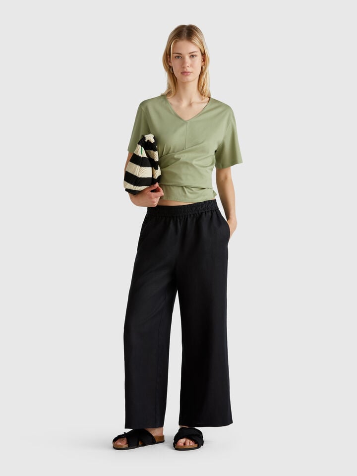 Benetton Wide Leg Trousers In Pure Linen Black