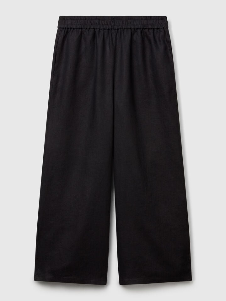 Benetton Wide Leg Trousers In Pure Linen Black