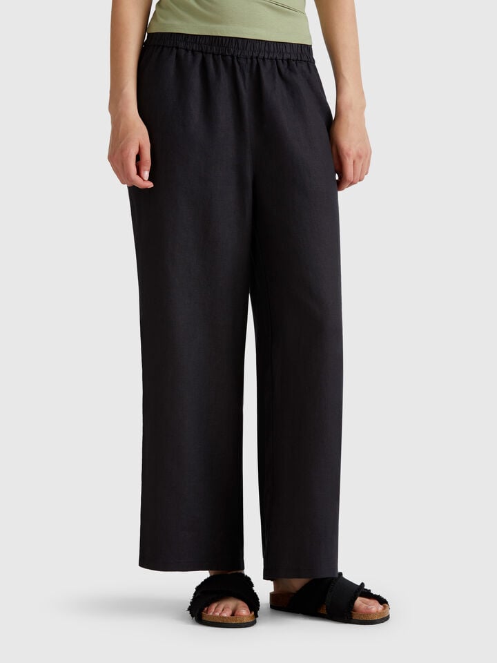 benetton Wide leg trousers in pure linen Black