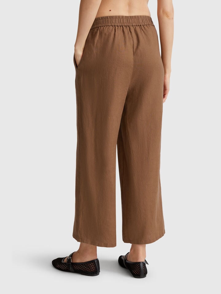 Benetton Wide Leg Trousers In Pure Linen Brown