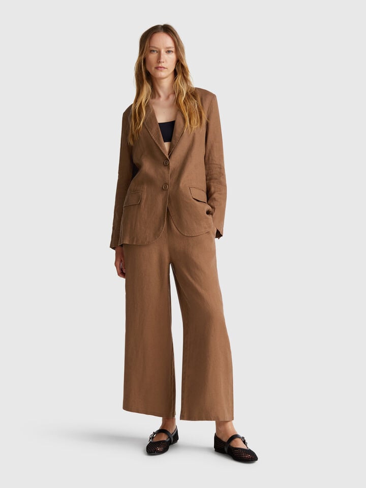 Benetton Wide Leg Trousers In Pure Linen Brown